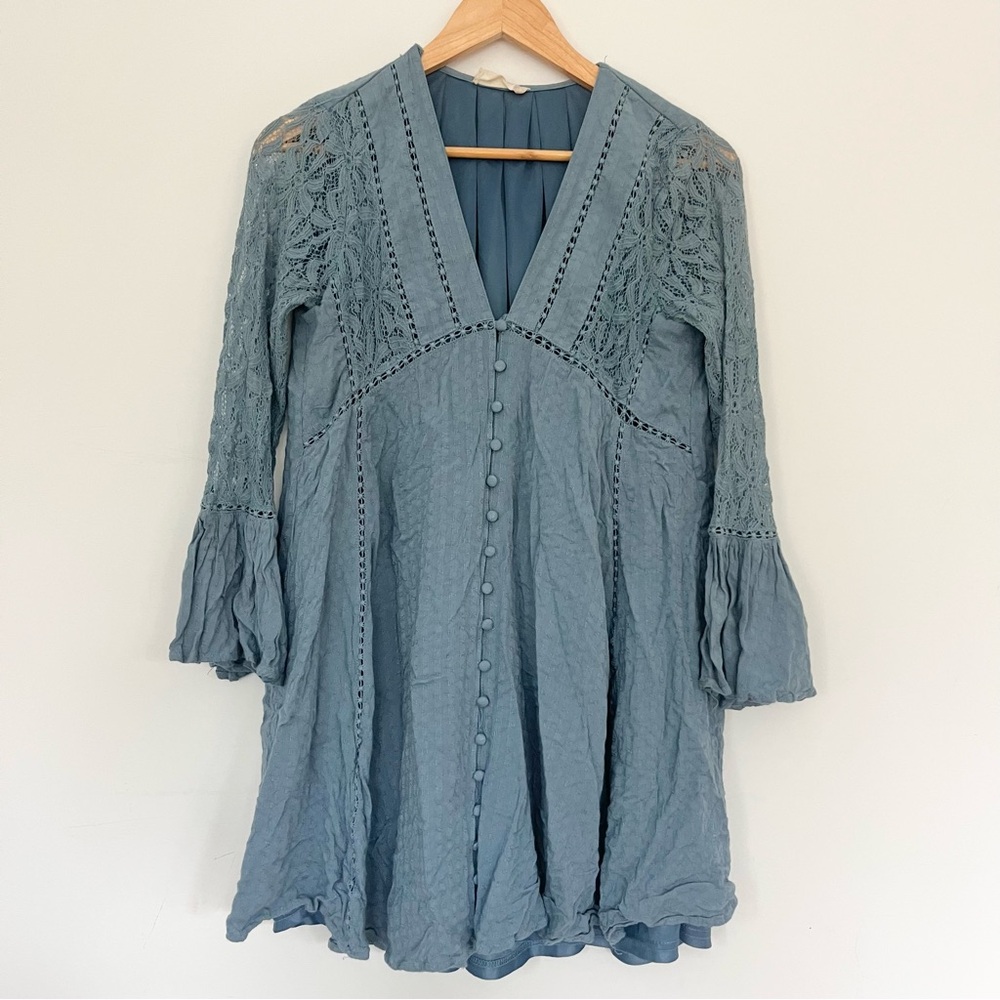 Altar'd State Dusty Blue Textured Dress Bohemian Style w Lace V Neck Medium